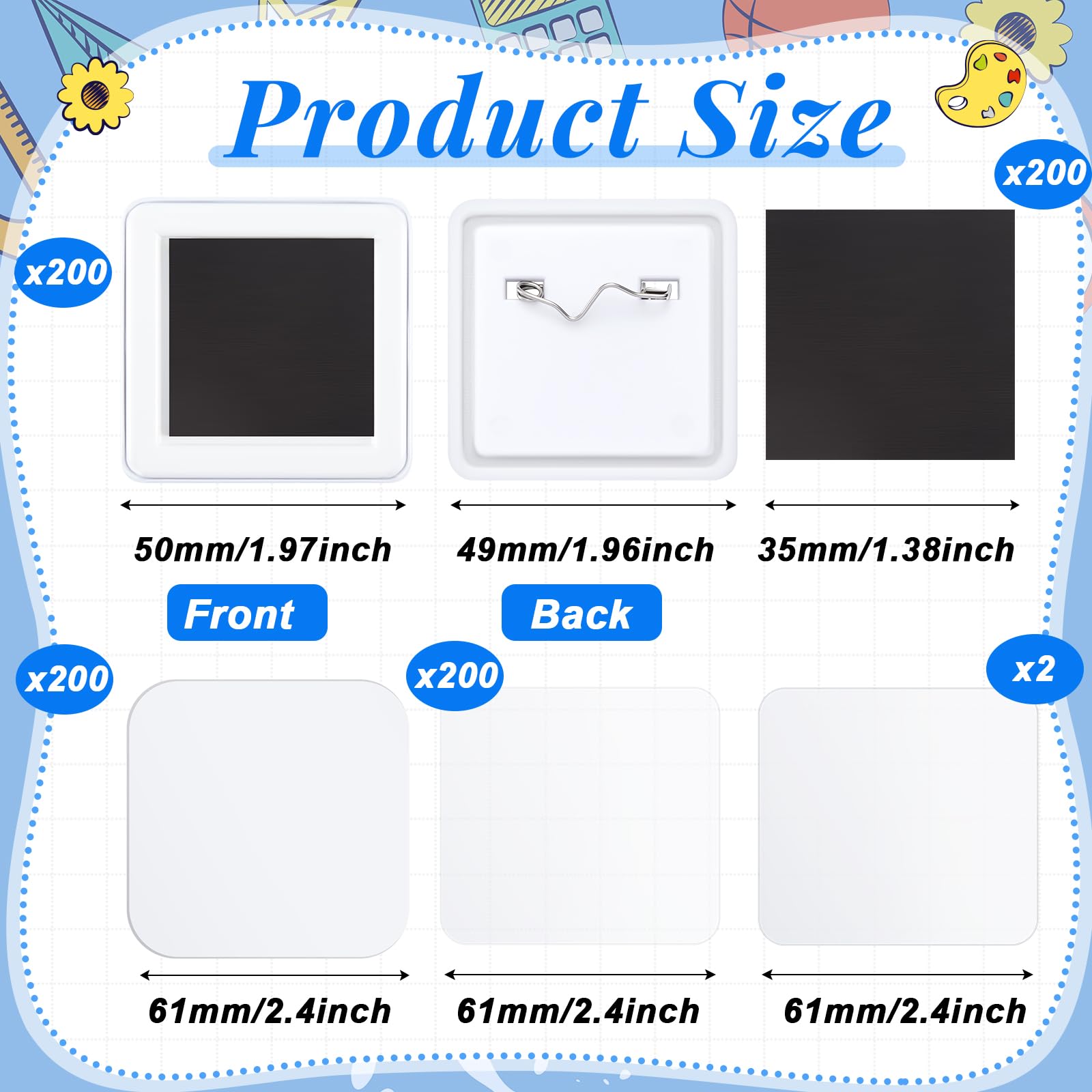 Teenyyou 50mm/ 2 Inch Button Craft Press Supplies Square Button Part DIY Fridge Magnets Craft Set Including Magnet, Metal Cover, Plastic Back Cover, Pin,Transparent Film,Blank Paper (200 Sets,Plastic)