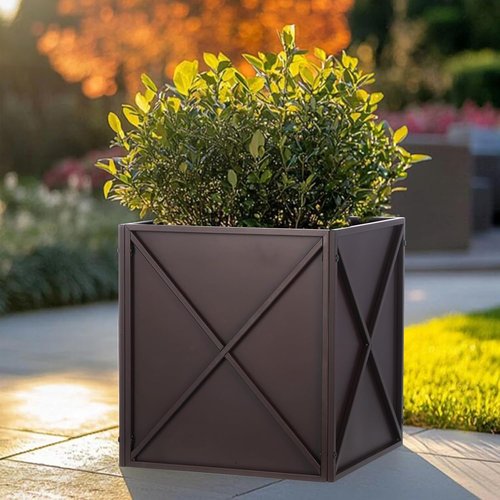 BAYN Metal Square Planter Box - Modern Heavy-Duty Outdoor Planter with Drainage Holes | Brown, 17” x 17” x 18”