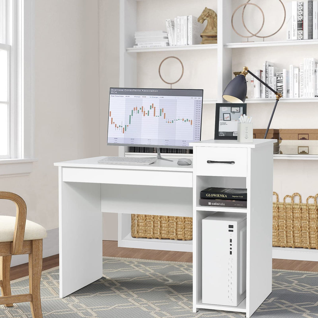 COSTWAY Computer Desk, 40 inch Laptop PC Gaming Table with Drawer, Monitor Stand & Storage Shelf, Modern Simple Study Writing Table for Home & Office, Easy Assembly, White