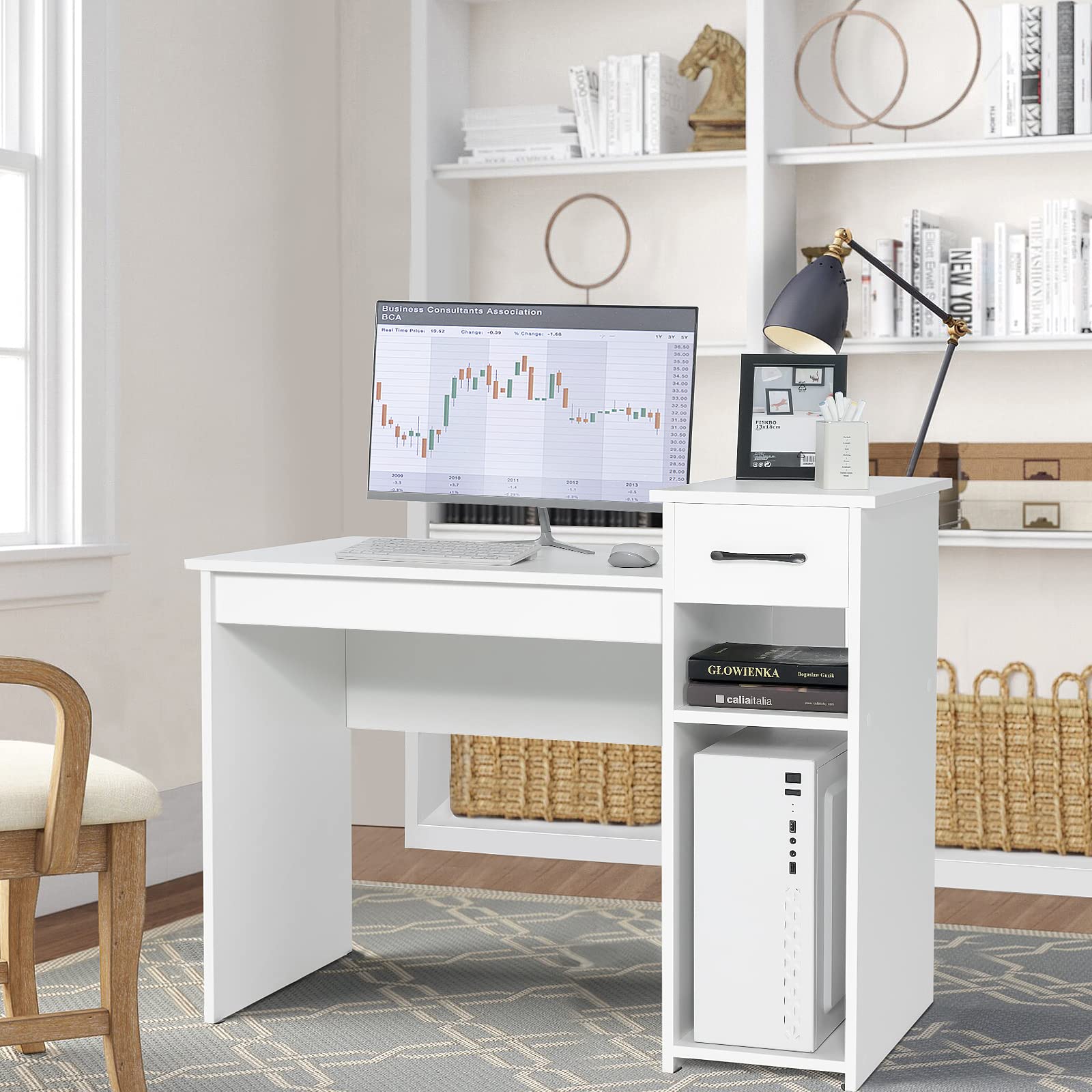 COSTWAY Computer Desk, 40 inch Laptop PC Gaming Table with Drawer, Monitor Stand & Storage Shelf, Modern Simple Study Writing Table for Home & Office, Easy Assembly, White