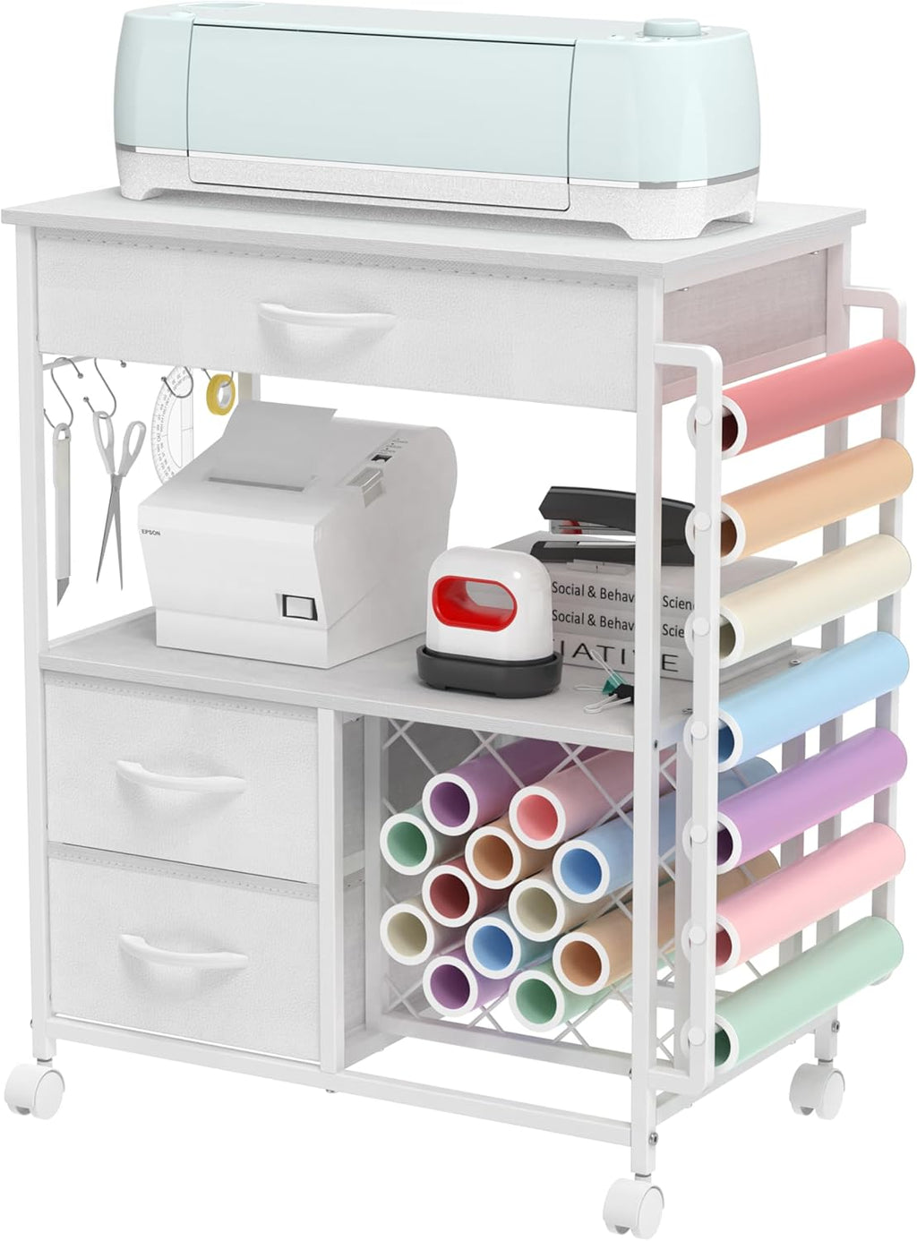 VENNQD Storage Cart - Cricut Machine Stand with Drawers & Vinyl Roll Holder | White Craft Cabinet