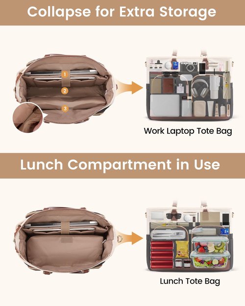 LOVEVOOK Lunch Tote Bag for Women, Work Bag with Insulated Lunch Compartment, 15.6 Inch Laptop Tote with Cup Holder for Teacher, Office, Black & Brown