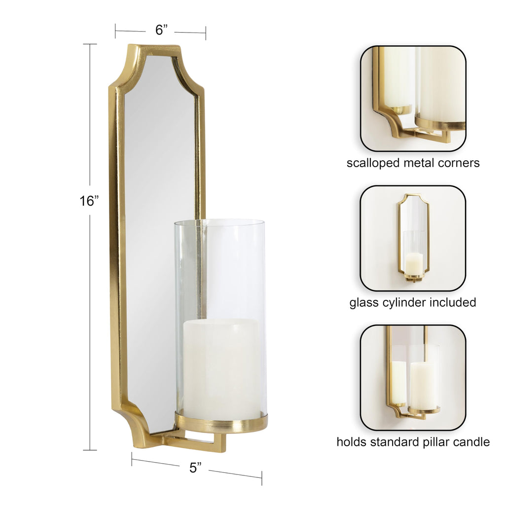 Kate and Laurel Ciel Glam Mirrored Wall Sconce; 6 x 5 x 16; Gold; Modern Scalloped Candle Holder with Removable Glass Cylinder and Mirror for Bathroom or Bedroom Wall Decor
