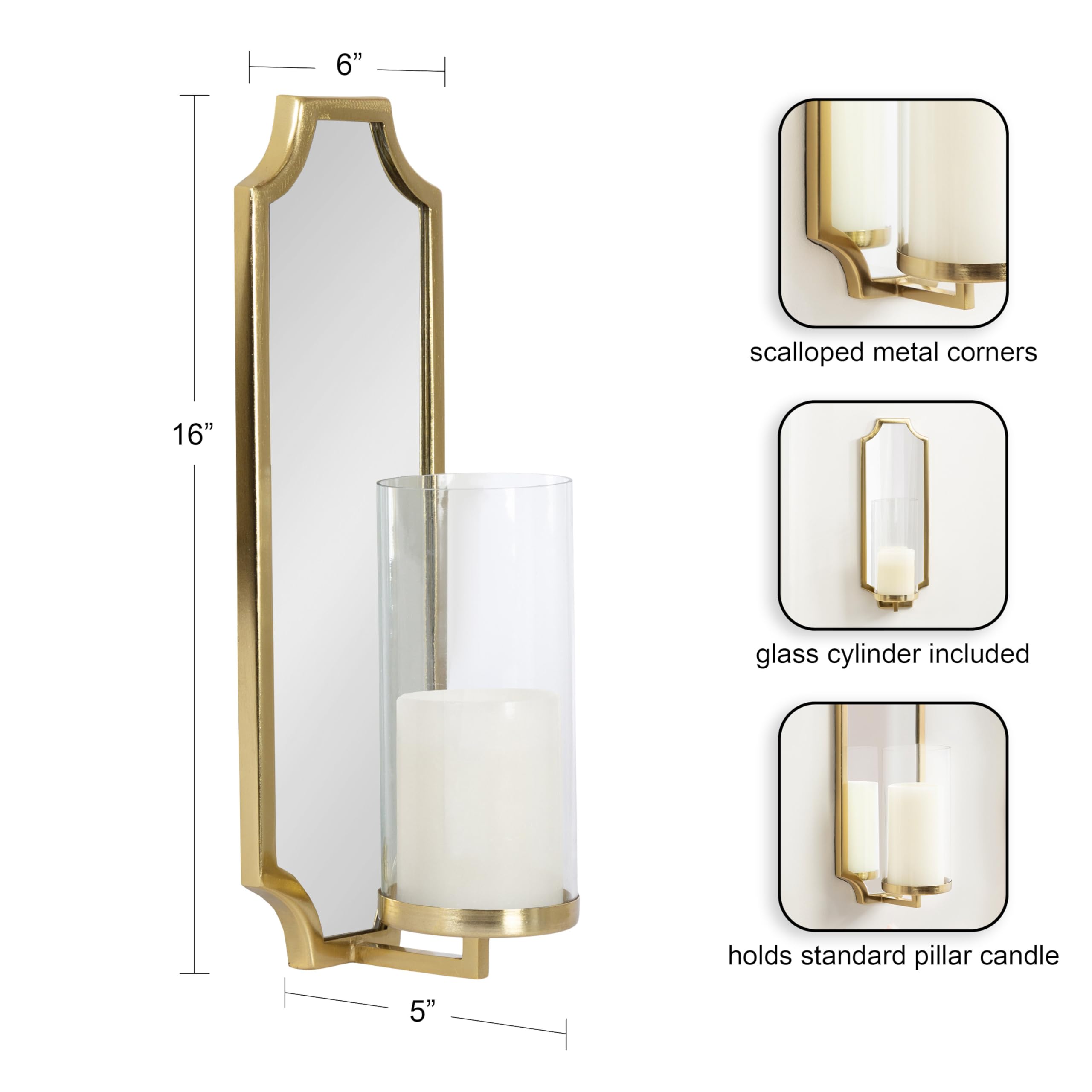 Kate and Laurel Ciel Glam Mirrored Wall Sconce; 6 x 5 x 16; Gold; Modern Scalloped Candle Holder with Removable Glass Cylinder and Mirror for Bathroom or Bedroom Wall Decor