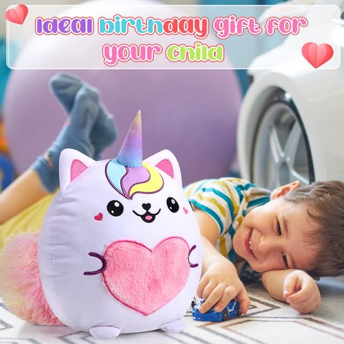 Leyndo Cute Caticorn Plush Pillow 14 Inch Unicorn Cat Stuffed Animal, Soft Pink Kawaii Plush Toy Gift for Girls Birthday Easter and Cat Lovers(Lovely)