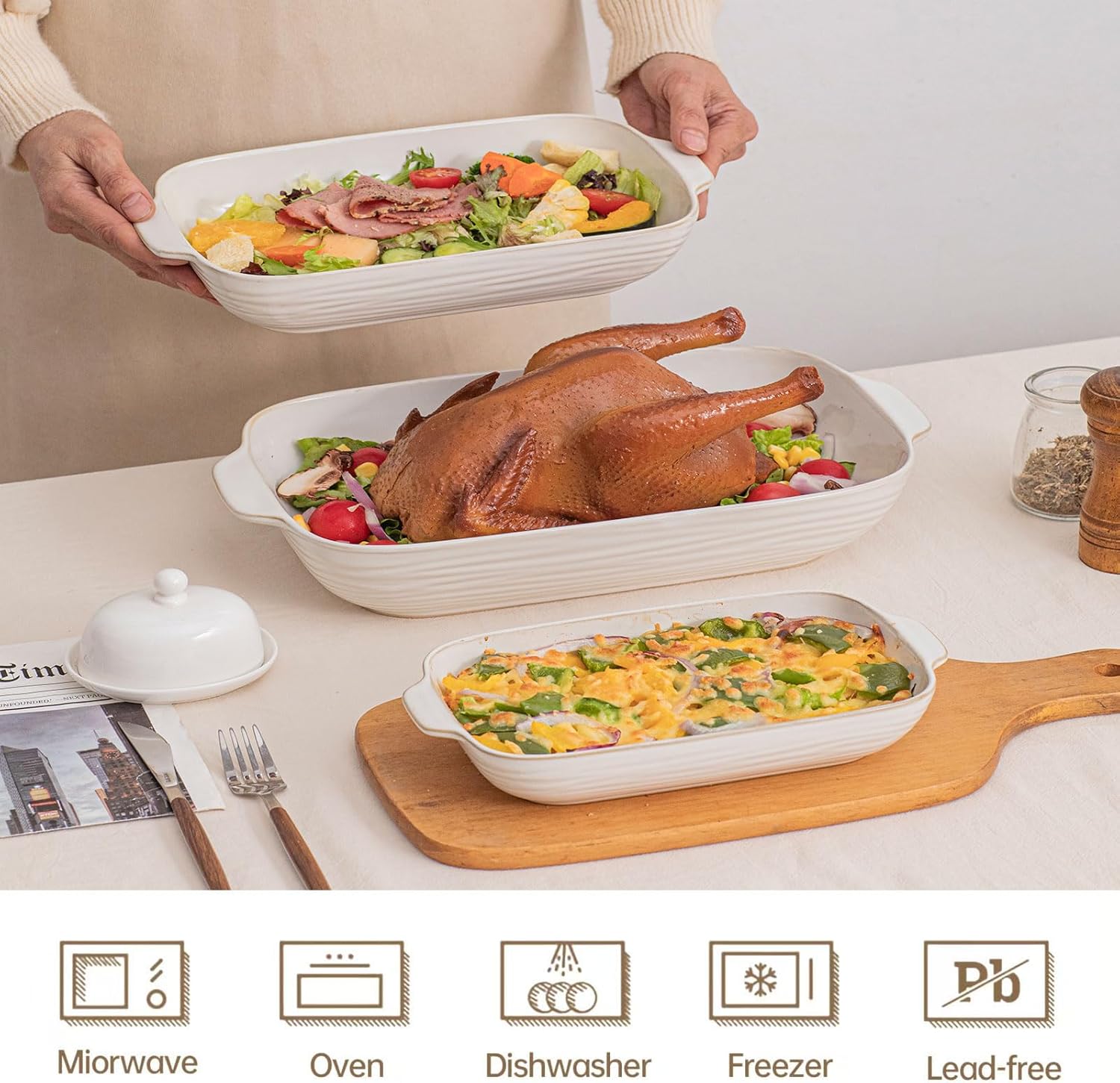 Regine Switzerland Baking Dish Set - Ceramic Casserole Dishes for Oven | 3-Piece Rectangular Bakeware in Arctic White