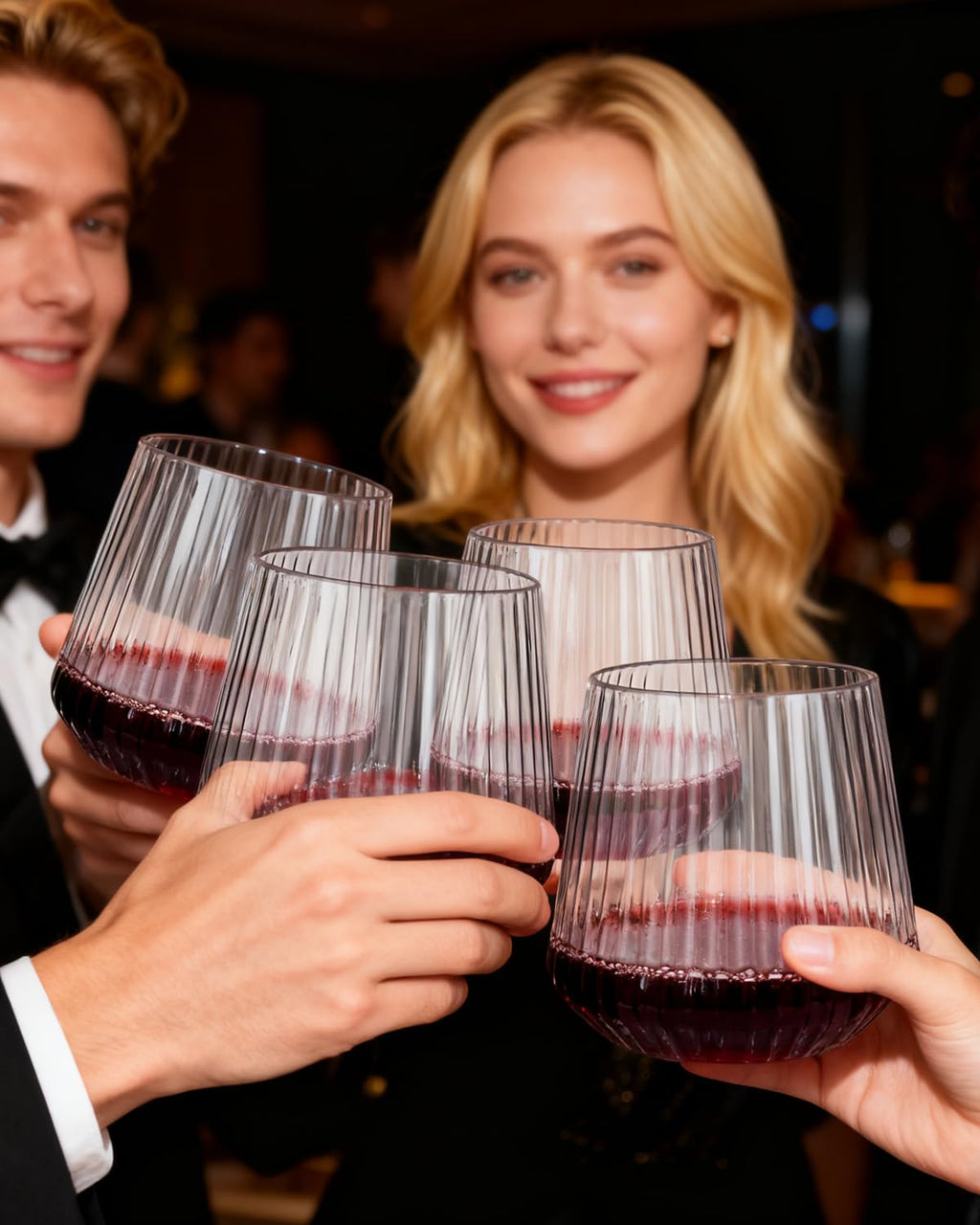 YOUBET 40 Pack Plastic Ribbed Wine Glasses - 14 OZ Clear Thicker Origami Stemless Disposable Wine Glasses - Heavy Duty Unbreakable Vintage Whiskey Cups for Wedding Parties Bar
