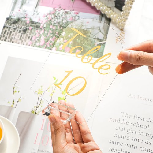Qunclay 40 Pack 4 x 6 Inch Gold Acrylic Wedding Table Number 1-40 Clear Table Stand with Numbers Calligraphy Number Holders Signs for Wedding Reception Birthday Party Decorations