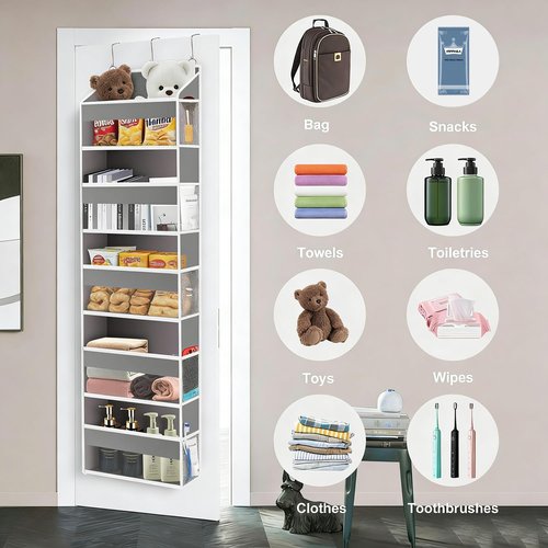 XiflLife Over The Door Organizer Closet,5 Bins 10 Side Pockets,Hanging Organizer,Anti Tilt 44 lbs Load Organizers and Storage with Clear Window for Bedroom,Nursery,Rv,Bathroom,Camper(Light Grey)
