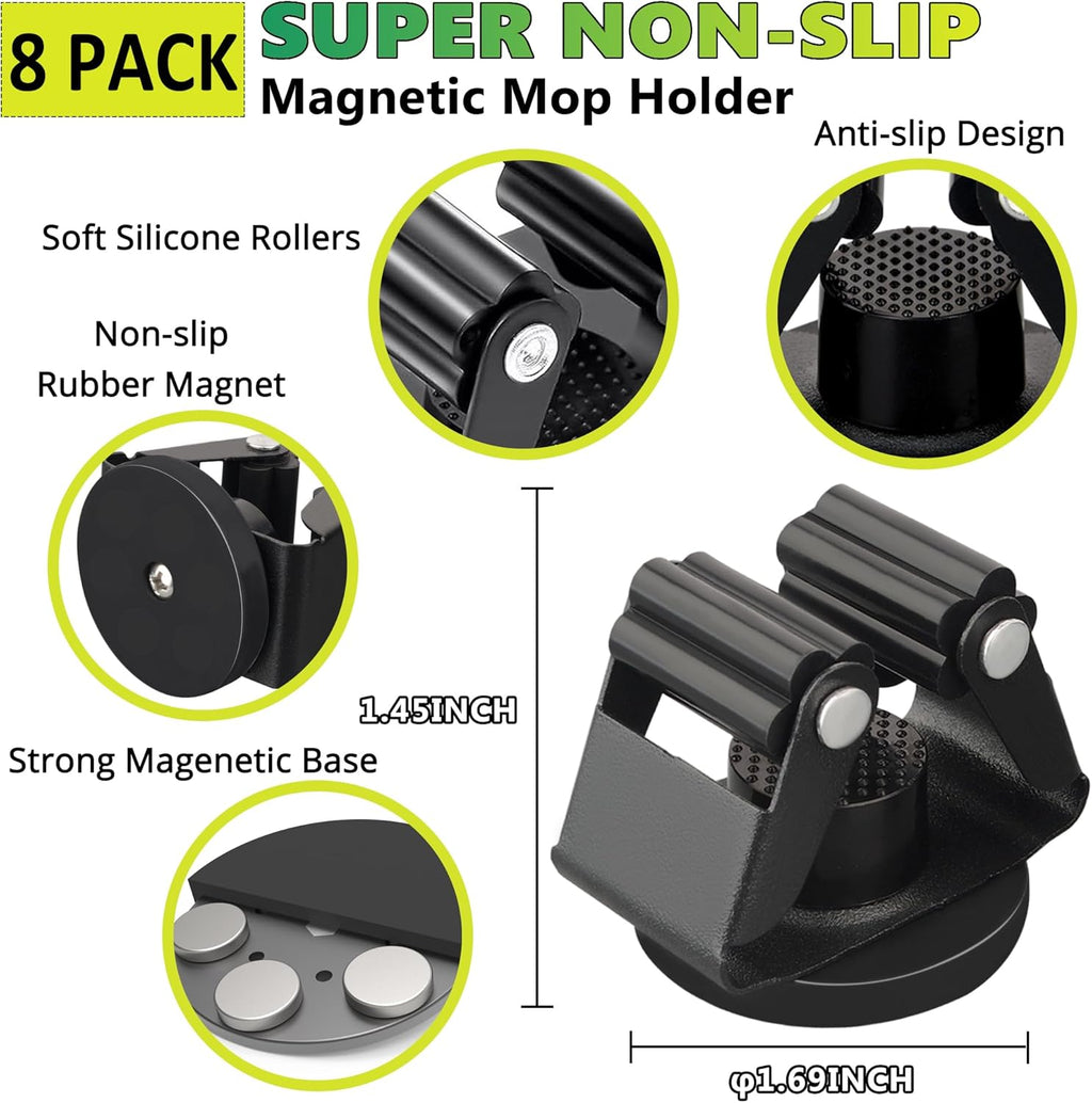ULIBERMAGNET Magnetic Mop Broom Holder - Heavy-Duty Wall-Mounted Storage Rack | 8 Pack in Black