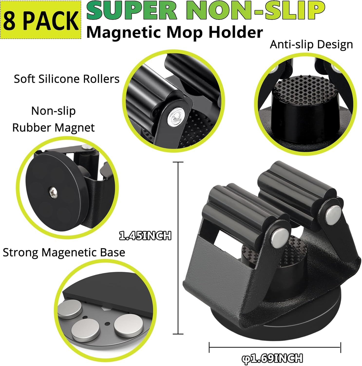 ULIBERMAGNET Magnetic Mop Broom Holder - Heavy-Duty Wall-Mounted Storage Rack | 8 Pack in Black
