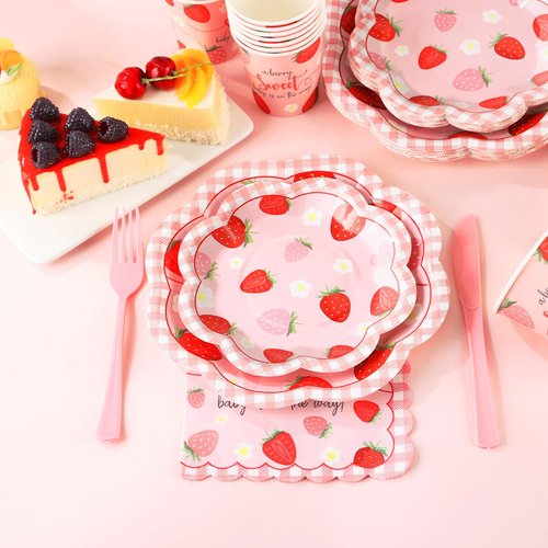 Gudvilla Strawberry Baby Shower Decorations for Girl, Berry Sweet Baby Shower Plates and Cups and Napkins Sets Serves 24, Strawberry Plates, A Berry Sweet Baby Is On The Way Decorations, Girl