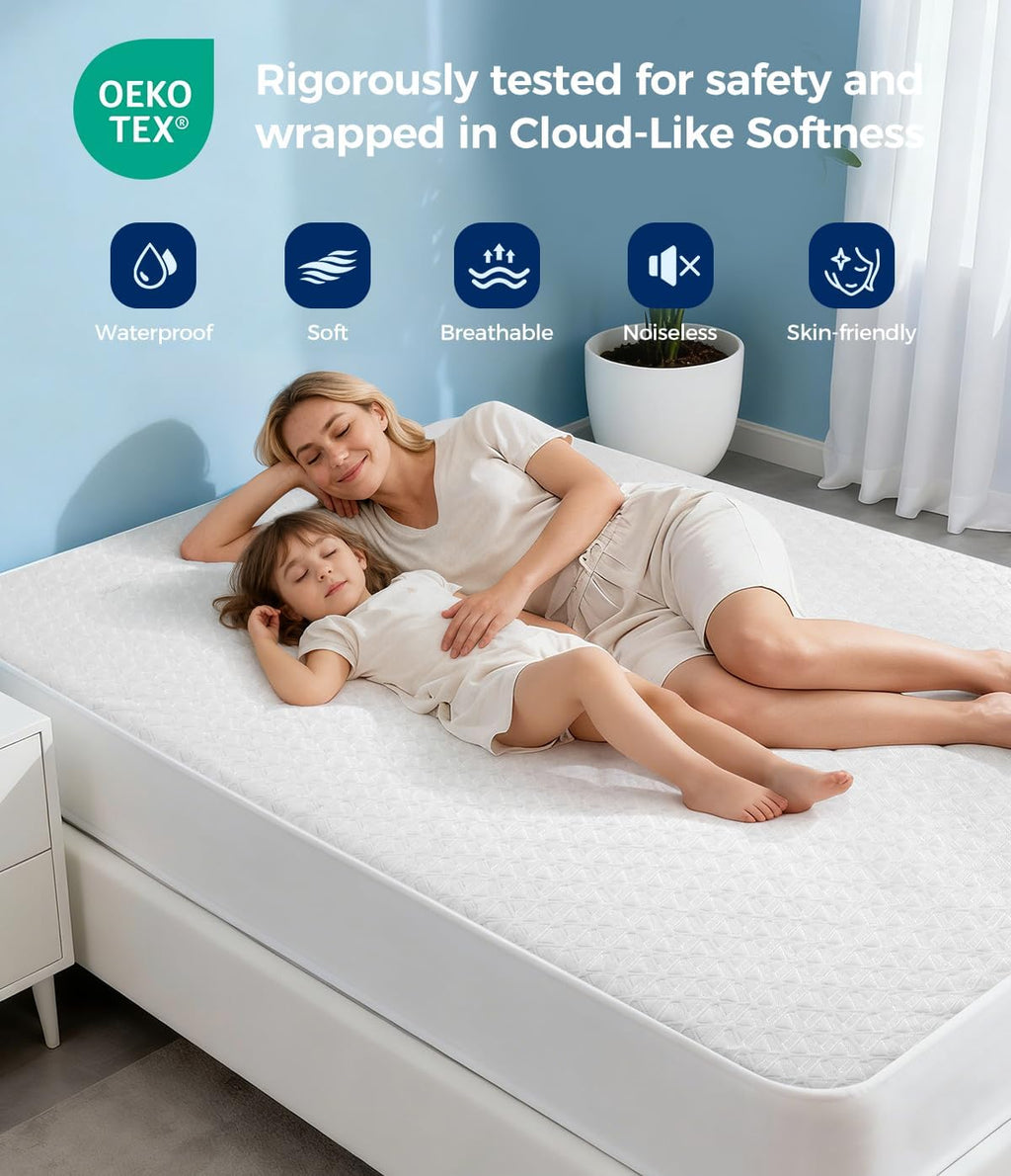 Skiennix Waterproof Mattress Protector - Soft & Breathable Queen Size Pad | Noiseless 3D Air Fabric, Machine Washable, White