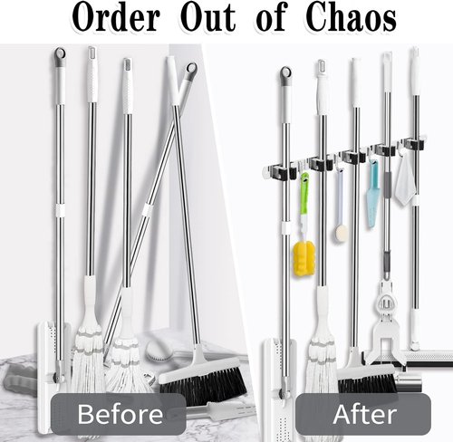 AceMining Mop and Broom Holder - 5 Racks & 4 Hooks Wall Mount Organizer | Heavy-Duty Stainless Steel