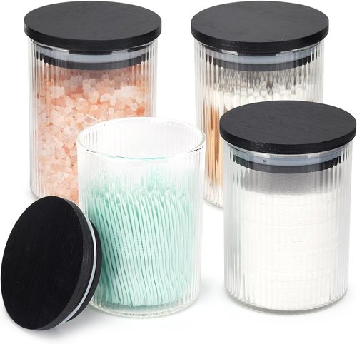 BKYFPQ Glass Qtip Holder Dispenser Set - 4 Apothecary Jars with Lids for Makeup & Bathroom Storage