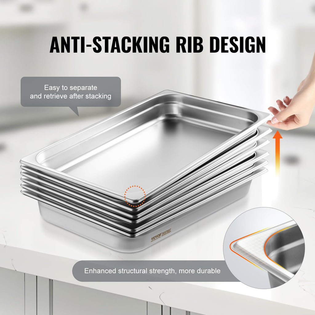 VEVOR 6 Pack Stainless Steel Hotel Pans,2.5-Inch Deep 0.8mm Thick Commercial Food Pans, Anti-Jam Catering Trays for Steam Tables, for Home, Party, Restaurant, Hotel, Buffet