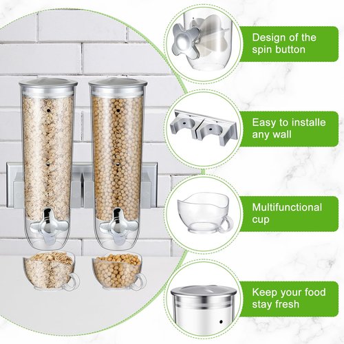 Huwena 4 Sets Cereal Containers Storage,3L Each Set Wall Mounted Cereal Dispenser Dry Food Dispenser Grain Storage Dispenser for Candy Oatmeal Coffee Bean Nuts Food Container (Silver)