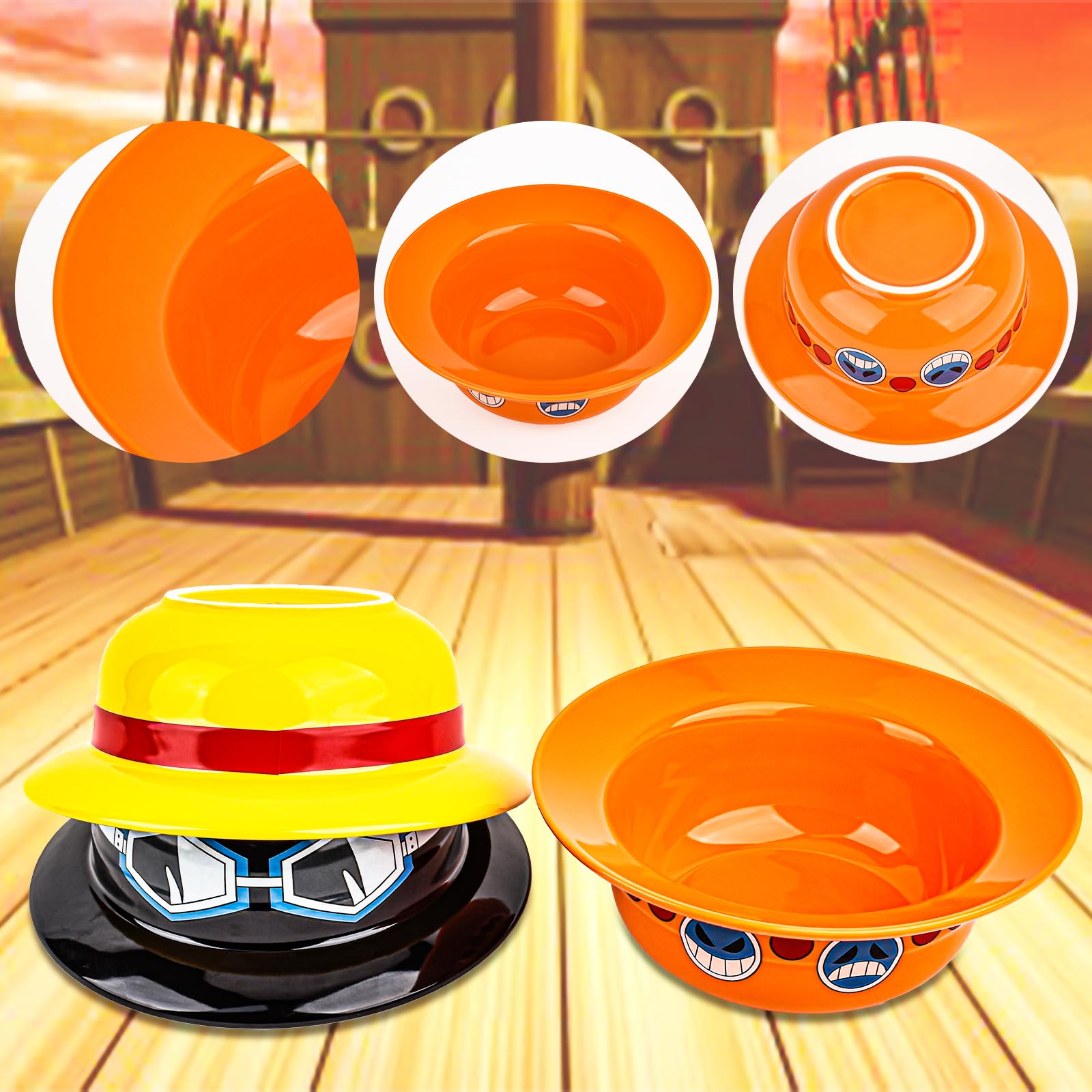 Clakioom 3 Piece Anime Ramen Bowl, Ramen Bowl Set,Straw Hat Design Japanese Ramen Ceramic Bowl Set of 9 with Chopsticks and Spoon