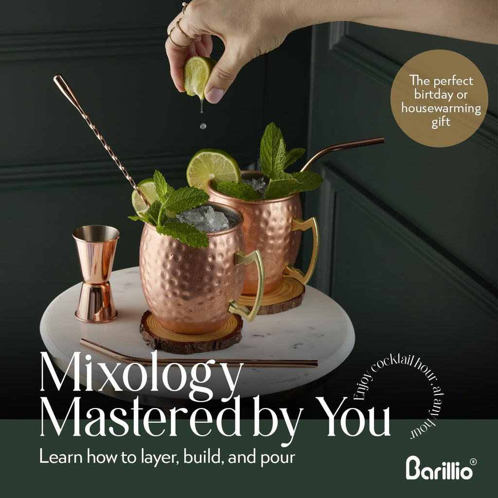 Barillio Moscow Mule Mugs Set - 2 Stainless Steel, Copper-Plated Cocktail Mugs with Bamboo Stand - Food-Safe, Moscow Mule Kit with Copper Cups, Drinking Straws and Mixing Spoon - 2 x 18 Oz