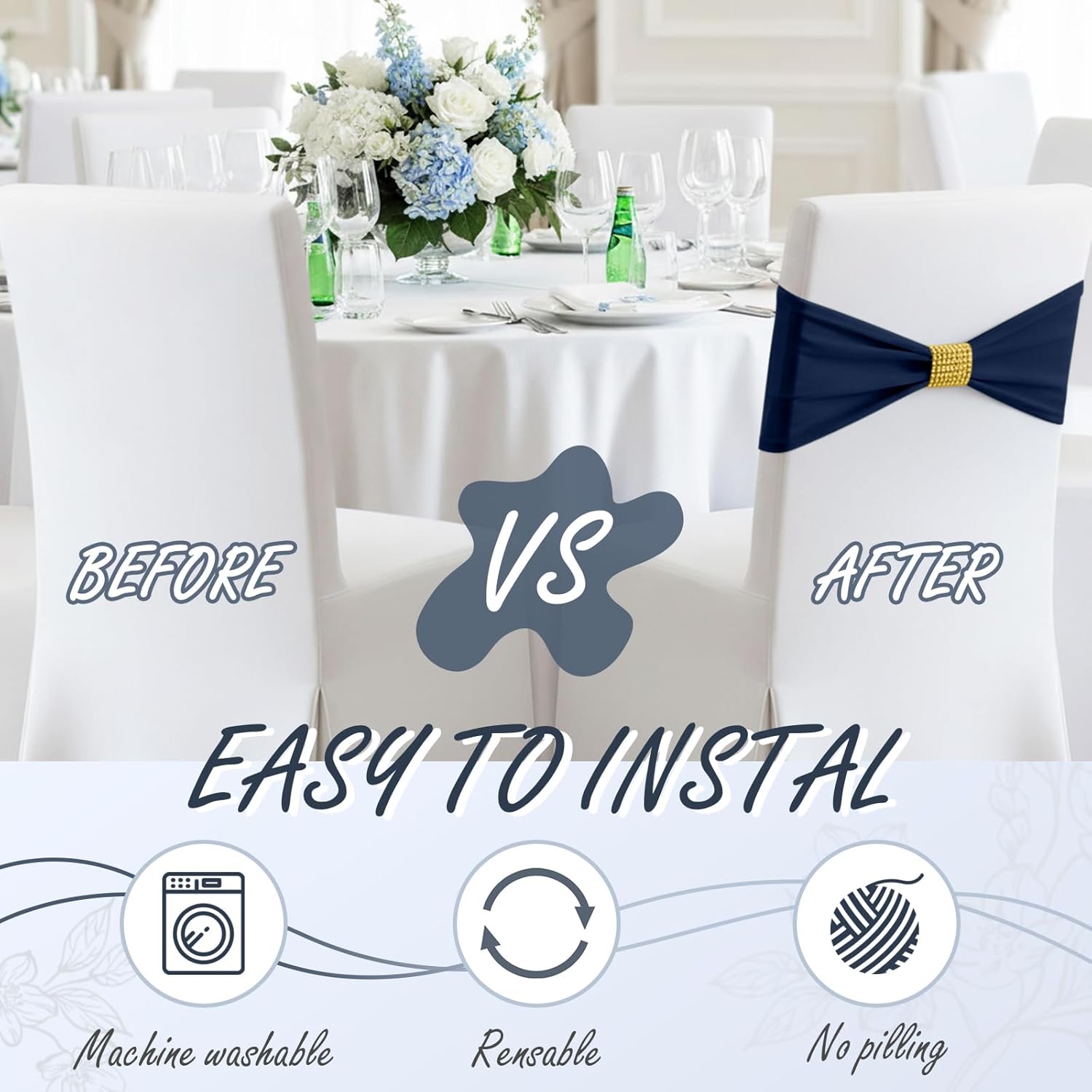 Moukeren Spandex Chair Sashes - 50 Pcs Stretch Covers with Slider Buckles | Navy Blue for Weddings & Events