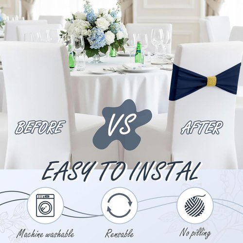 Hahafelt Spandex Chair Sashes with Rhinestone Buckle - 100 Pcs Navy Blue Bowknot Ties for Events