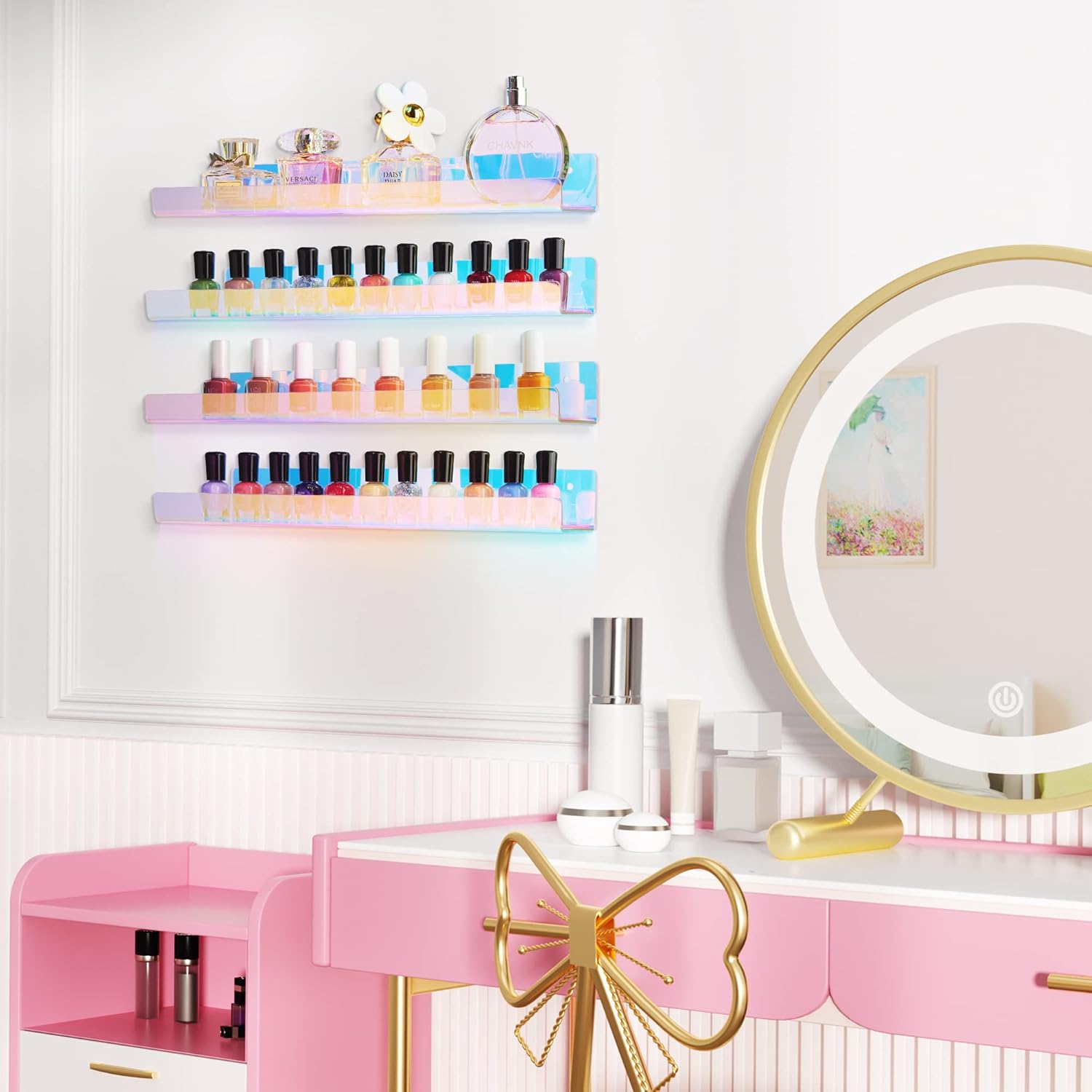 Upsimples Acrylic Wall Shelves - 15” Display Shelf for Perfume & Skincare | Iridescent 4-Pack