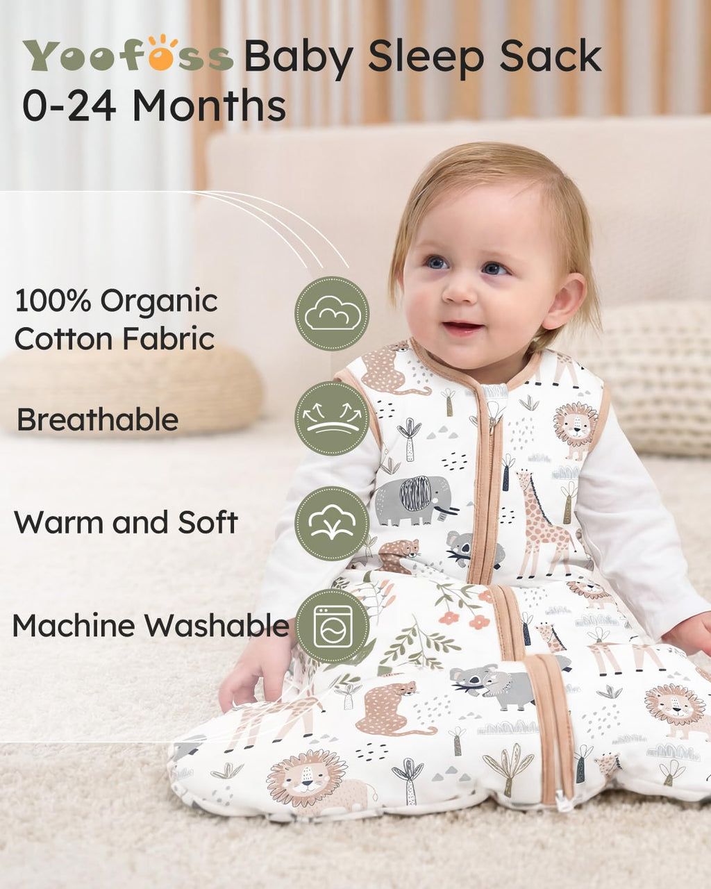 Yoofoss Baby Sleep Sack - 1.5 Tog Organic Cotton Wearable Blanket for 12-18 Months | Warm & Comfy