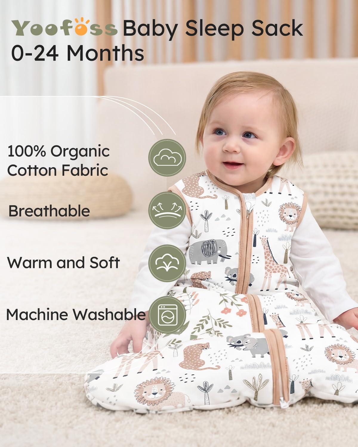 Yoofoss Baby Sleep Sack - 1.5 Tog Organic Cotton Wearable Blanket for 12-18 Months | Warm & Comfy