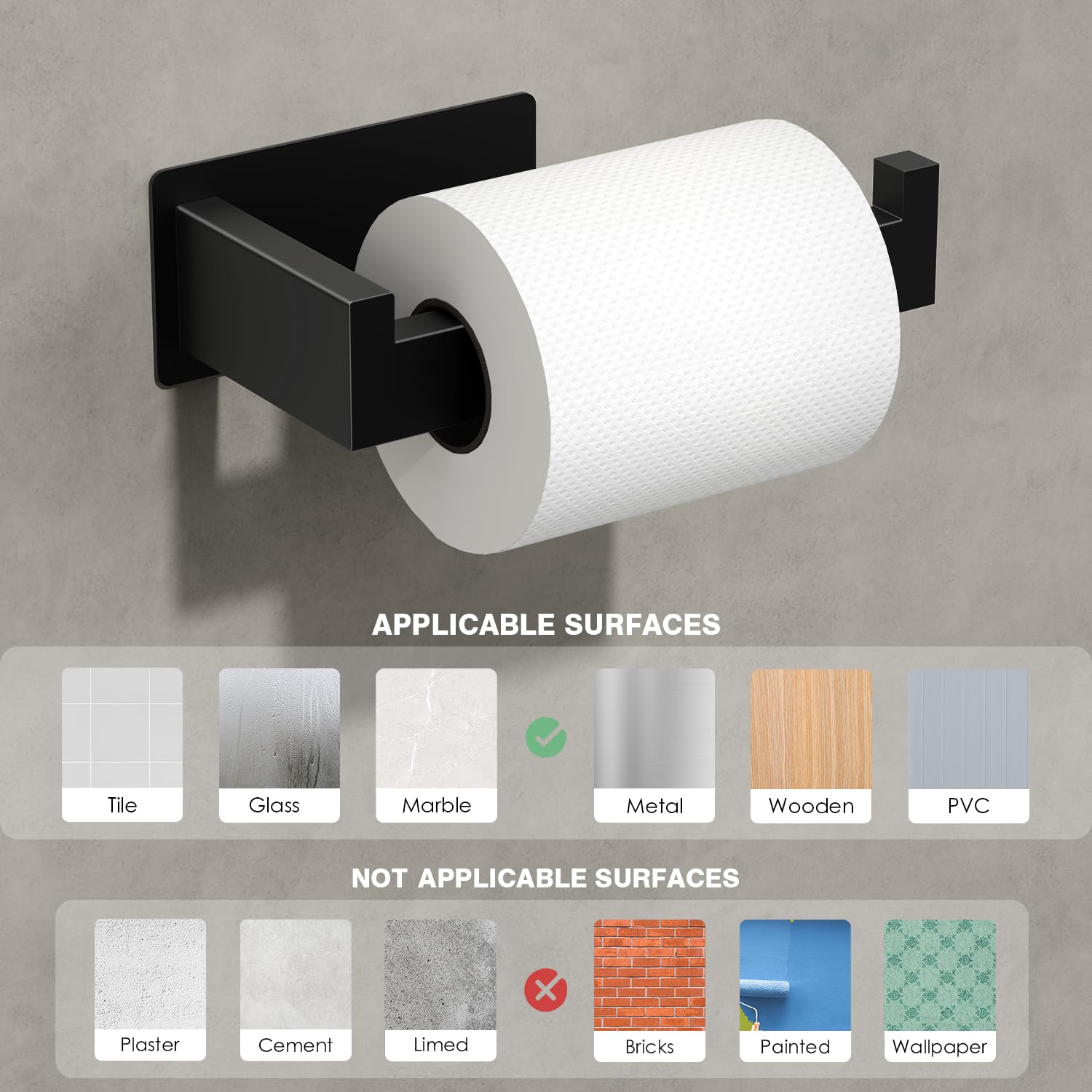 Auxmir Adhesive Toilet Paper Holder, No Drilling Toilet Roll Holder Wall Mount, Premium Thicken SUS304 Stainless Steel, Rustproof Toilet Tissue Holder for Bathroom Kitchen Washroom RV, Black(2 Pack)