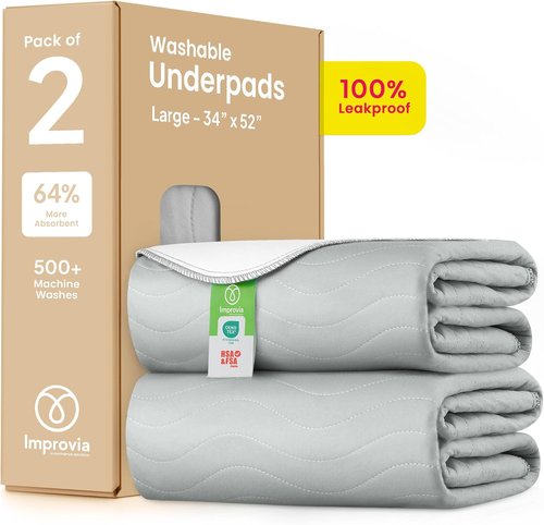 IMPROVIA® Washable Underpads - Heavy Absorbency Reusable Bedwetting Pads 34" x 52" | Waterproof Protection for Adults, Kids & Pets (Gray & White)