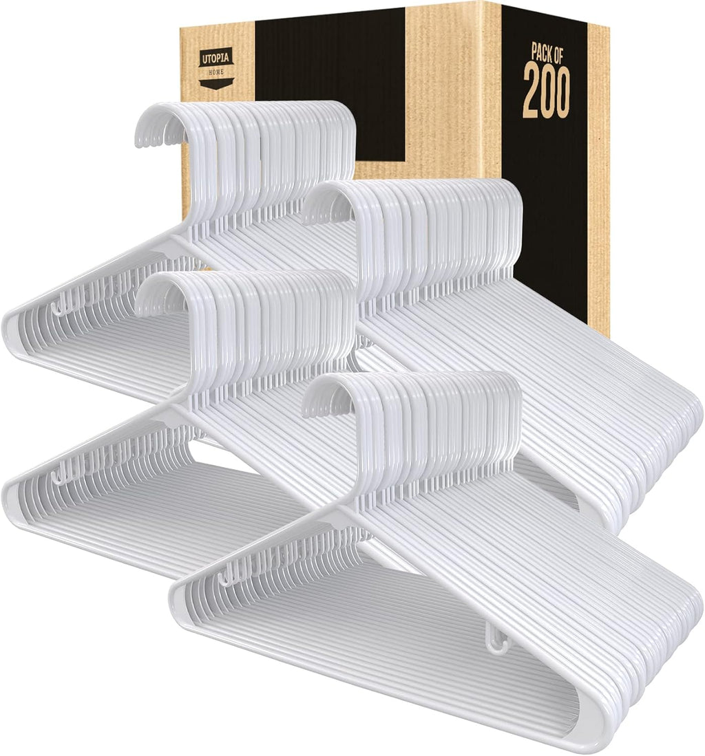 Utopia Home Plastic Hangers 200 Pack - Durable Space-Saving Closet Organizers - Ideal for Shirts, Pants & Coats (White)
