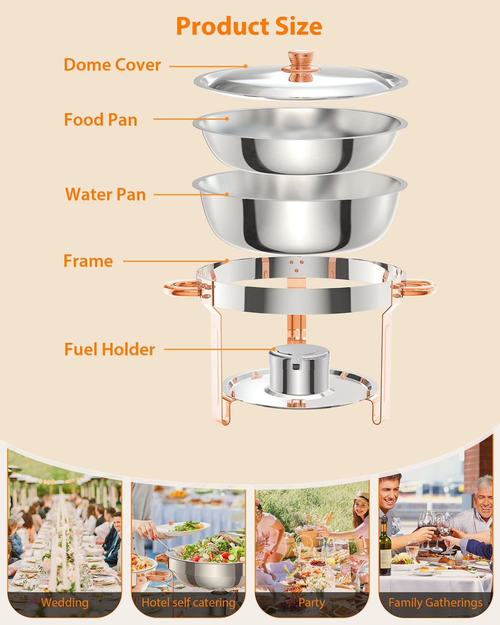 GarveeHome Chafing Dish for Buffet 2 Pack, 5 QT Round Chafing Dishes Buffet Set w/Lid Holder, Stainless Steel Chafers and Food Warmers with Spoon and Tweezers for Parties, Weddings, Events, Rose Gold
