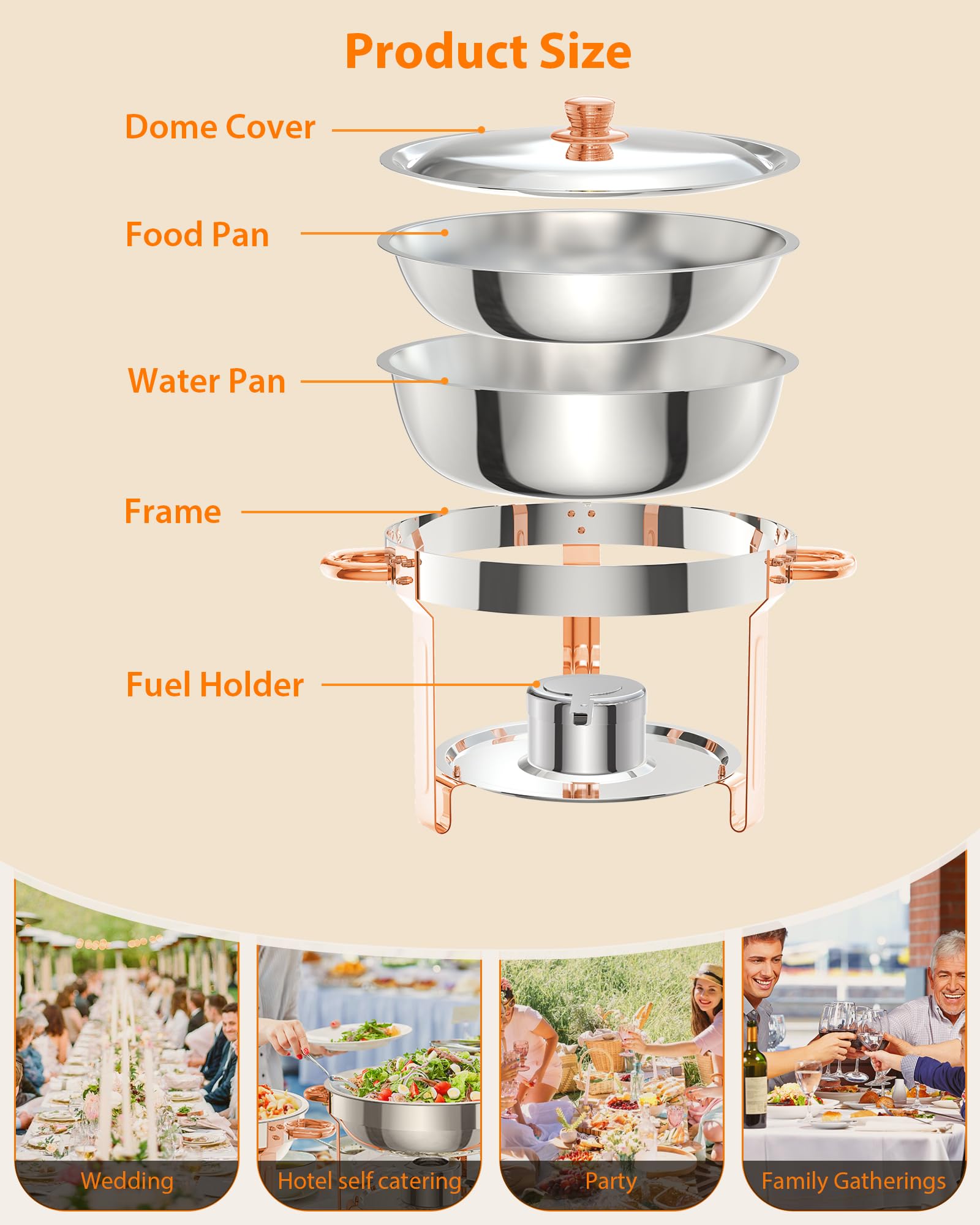 GarveeHome Chafing Dish for Buffet 2 Pack, 5 QT Round Chafing Dishes Buffet Set w/Lid Holder, Stainless Steel Chafers and Food Warmers with Spoon and Tweezers for Parties, Weddings, Events, Rose Gold