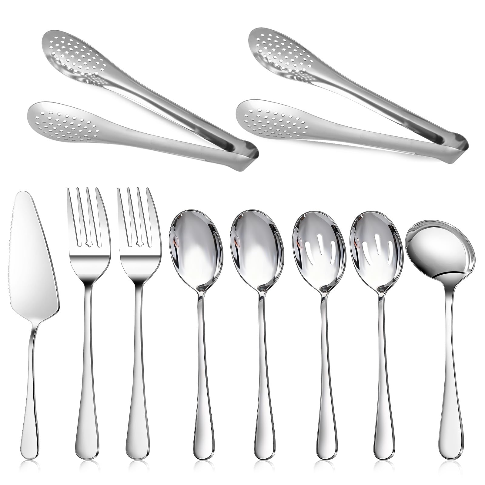 Dualshine 10PCS 18/8 Stainless Steel Serving Utensils Set for Parties, Kitchen Serving Tools-Include Serving Spoons, Slotted Spoons, Serving Forks Tongs Soup Ladle, Cake Pie Server for Buffet, Wedding