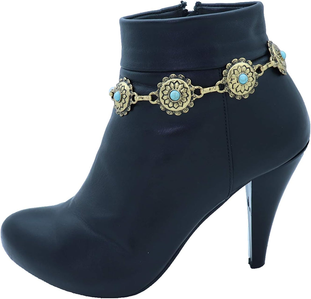 Skiennix Women's Western Antique Metal Boot Chain Anklet - Turquoise Blue Bead Flower Charm