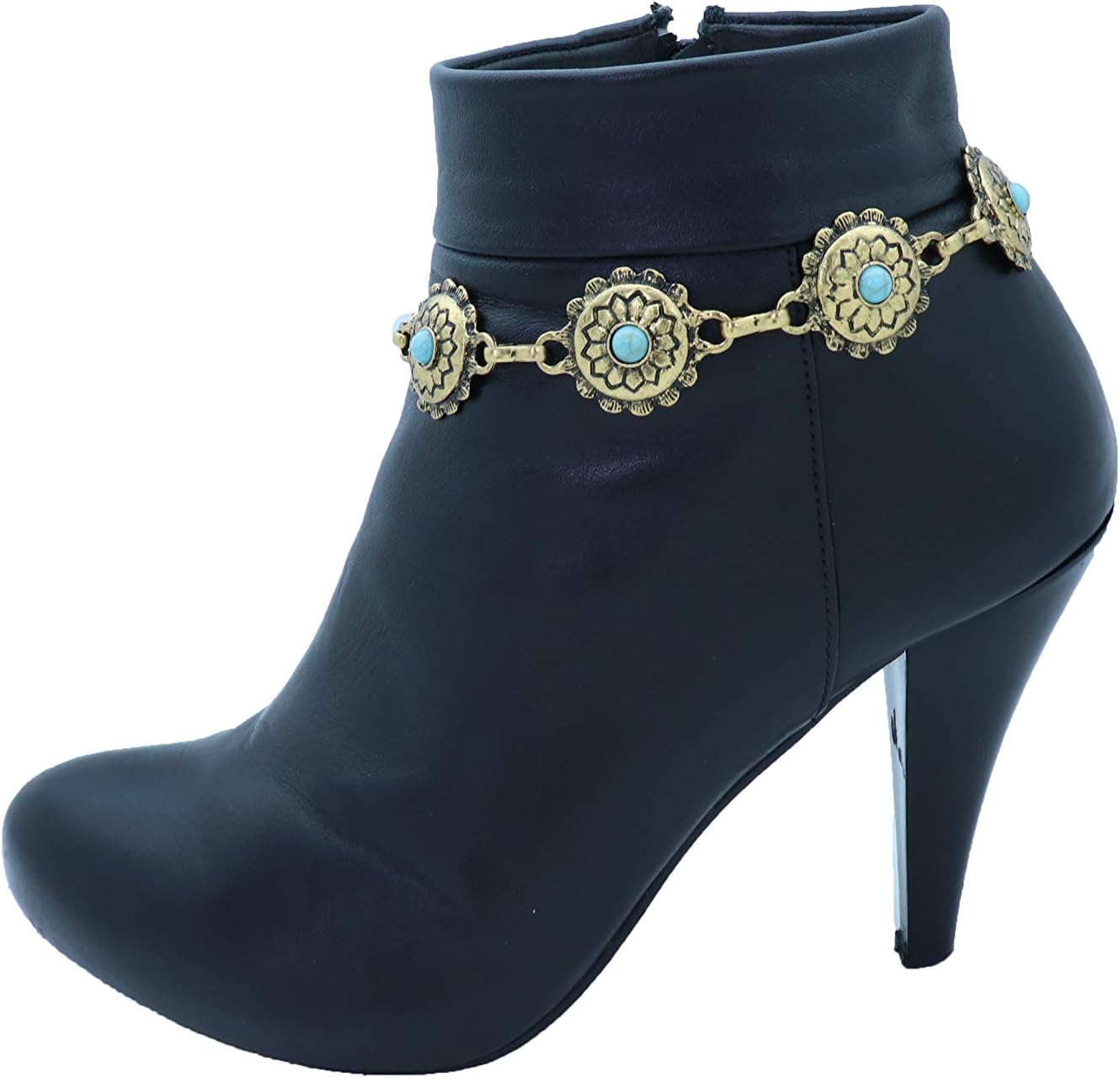 Skiennix Women's Western Antique Metal Boot Chain Anklet - Turquoise Blue Bead Flower Charm