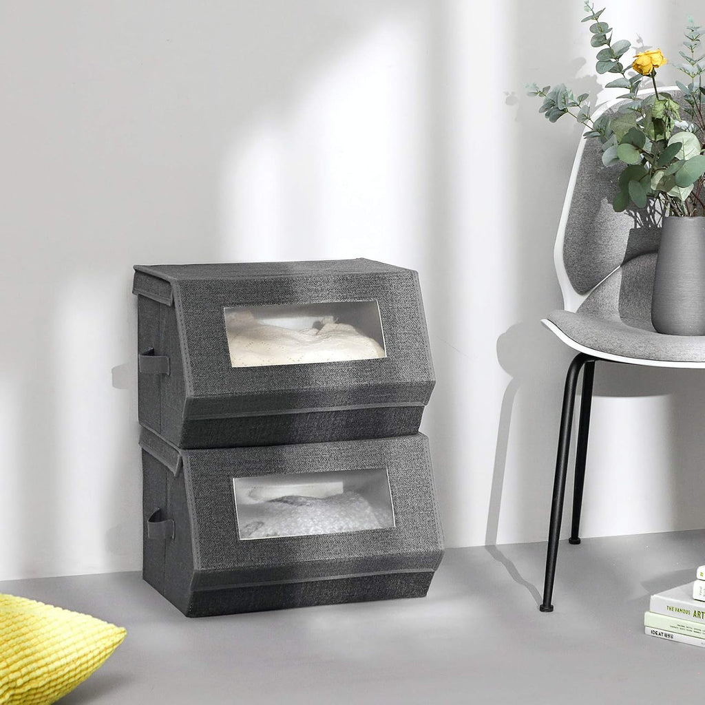 SONGMICS Stackable Storage Bins - Set of 2 Non-Woven Fabric Organizers with Lids & Front Windows | Dark Gray