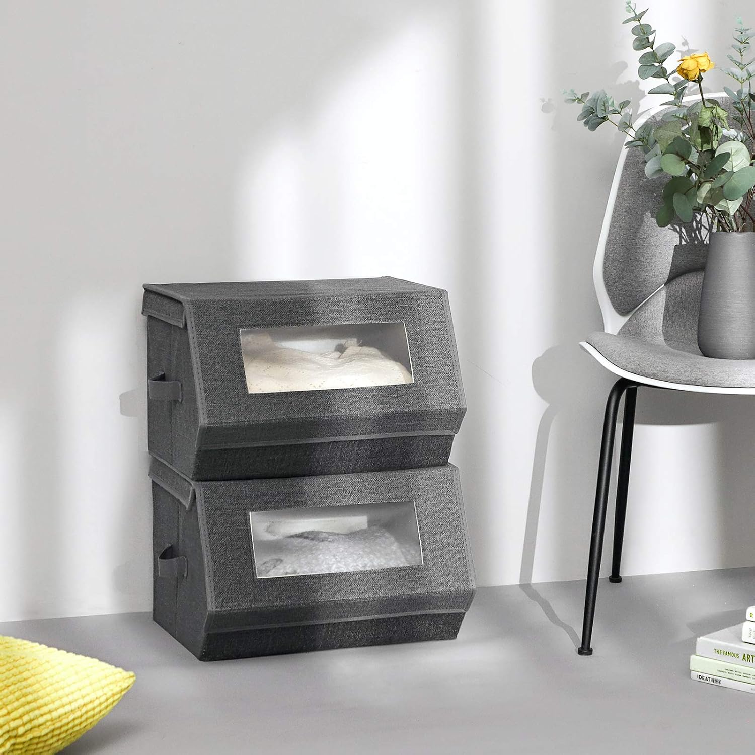SONGMICS Stackable Storage Bins - Set of 2 Non-Woven Fabric Organizers with Lids & Front Windows | Dark Gray