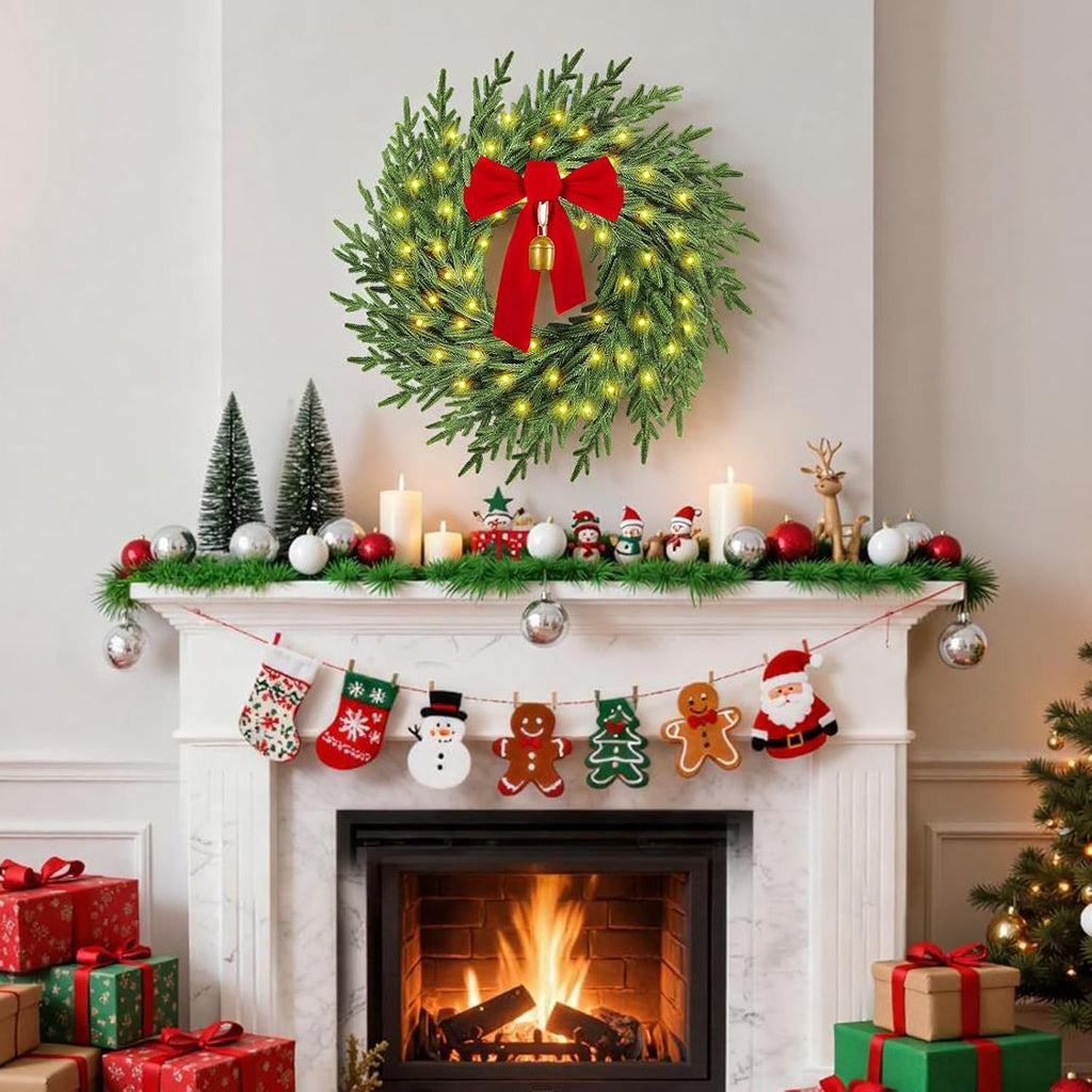 Regine Switzerland Christmas Wreath - 26" Real Touch Pine with Lights, Bow & Bell | Festive Indoor/Outdoor Decor