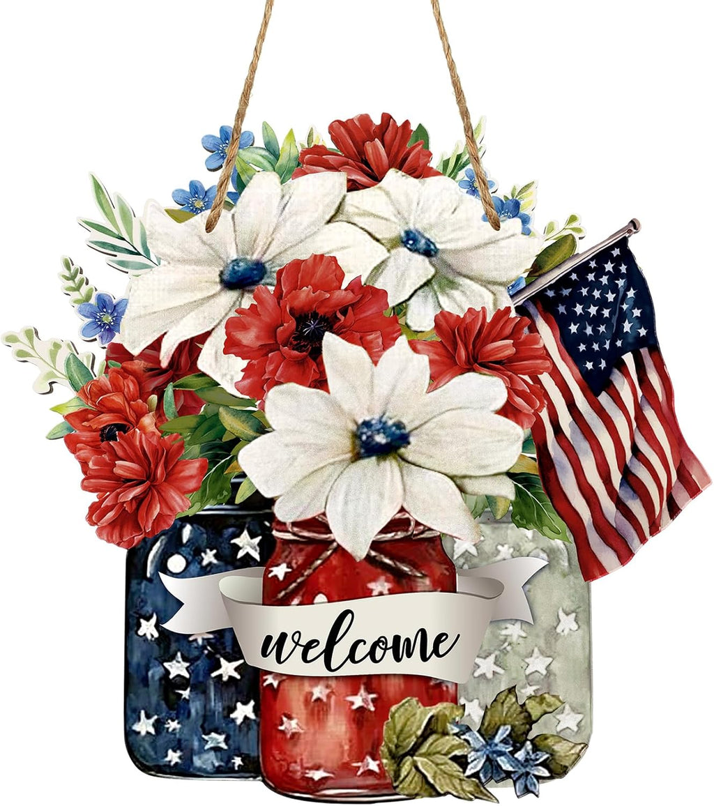 Spiareal Patriotic Wooden Door Decoration - 4th of July Welcome Sign in Red, White & Blue