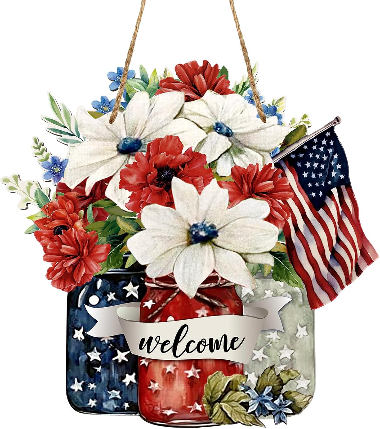 Spiareal Patriotic Wooden Door Decoration - 4th of July Welcome Sign in Red, White & Blue