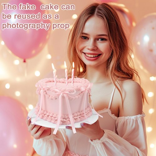 Remerry 6 Inch Pink Bow Fake Cake Coquettish Birthday Fake Cake Decor Pink Bow Heart Wedding Dessert Props Artificial Heart Dessert for Display Photography Props Women Birthday Wedding Gift