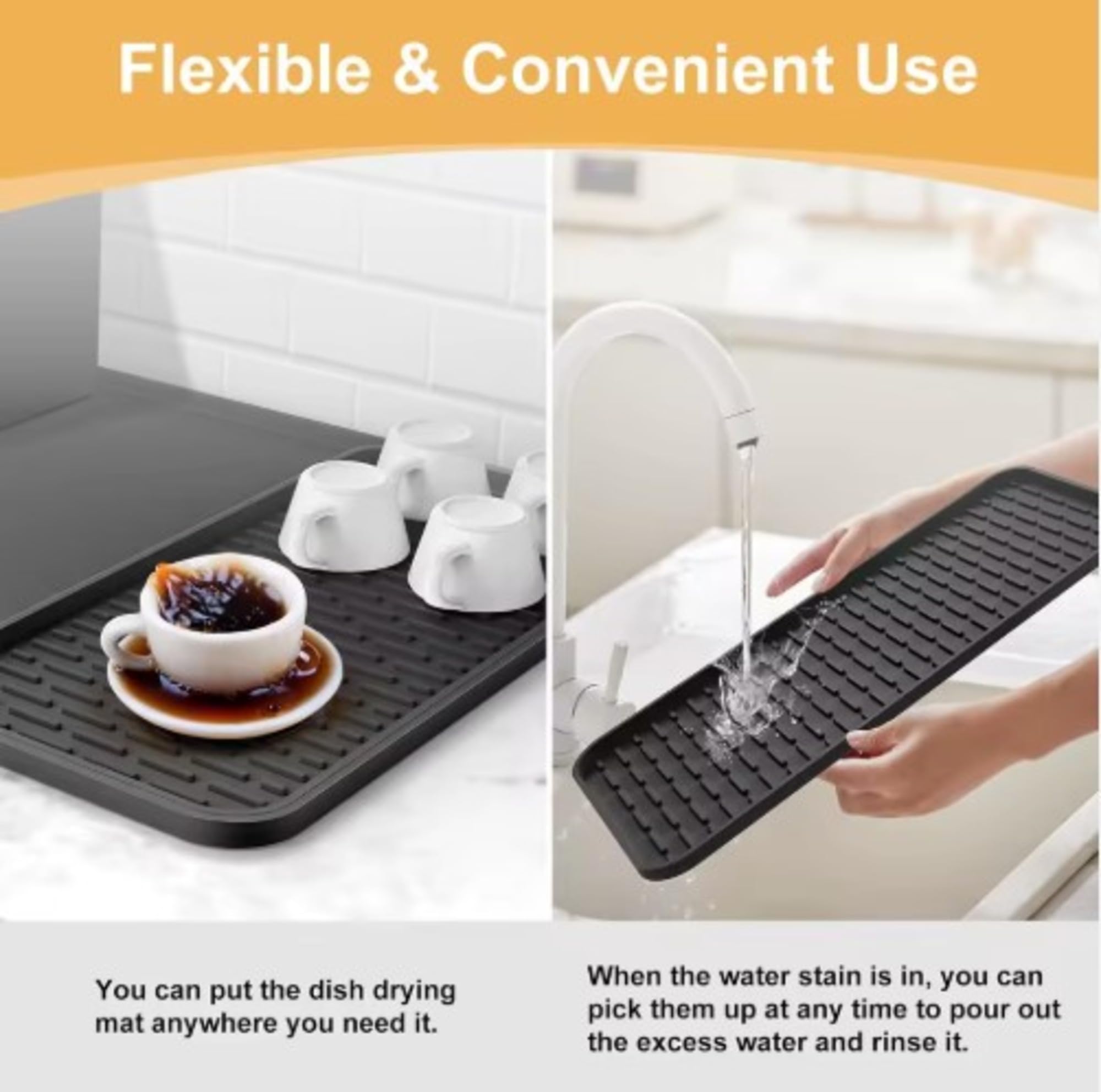 Silicone Coffee Mat 24x16 with Detachable Drying Tray - Waterproof, Dishwasher Safe, BPA Free, Non-Slip Heat Resistant Countertop Protector for Coffee Maker & Bar, Black