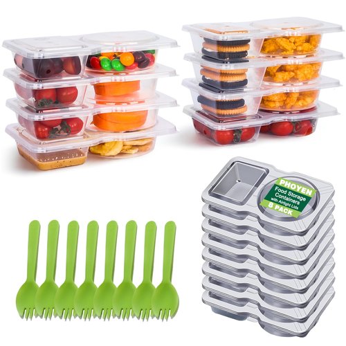 PHOYEN 8 Sets Reusable Snack Containers with Lids, Double Compartment Snack Pack Containers with Spoons, BPA Free | Microwave & Dishwasher Safe | Leakproof Condiment Containers for On-the-Go Meals