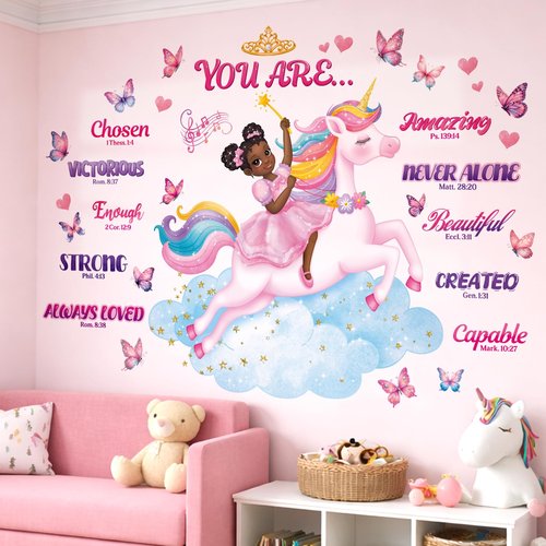 DECOWALL SG2-2503 Black Girl Unicorn Bible Verse Wall Decals Stickers Pink Décor Bedroom Room Art Toddler Decorations Peel and Stick Princess Nursery Butterfly Kids Baby Home Quotes Inspirational