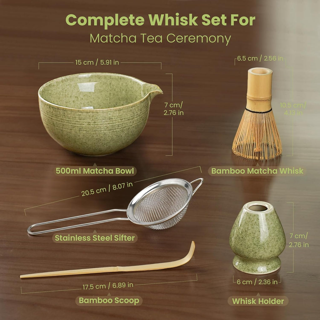 Skiennix Matcha Whisk Set - Complete 5-Piece Kit with Ceramic Bowl, Bamboo Chasen & Sifter