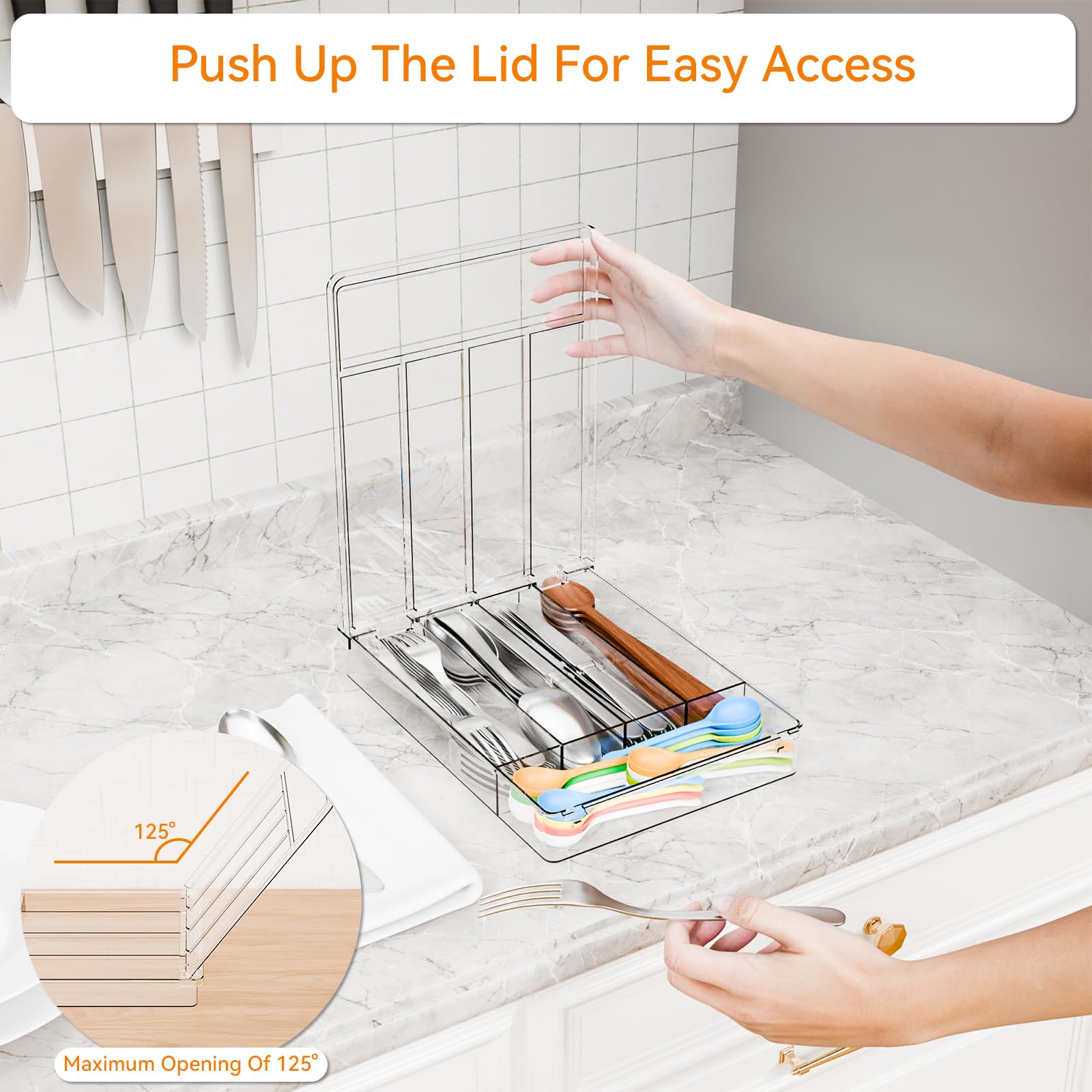 Yieach Clear Silverware Organizer with Lid - 9 inch Wide - Small Silverware Drawer Organizer & Tray and Utensil Drawer Organizers with Lid,BPA Free Plastic Flatware Drawers Organizers for Fork,Spoon