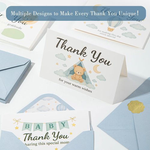 C2U Baby Shower Thank You Cards for Boy - 24 Pack with Envelopes & Gold Stickers,Baby Shower Greeting Cards Bulk for Newborn Party