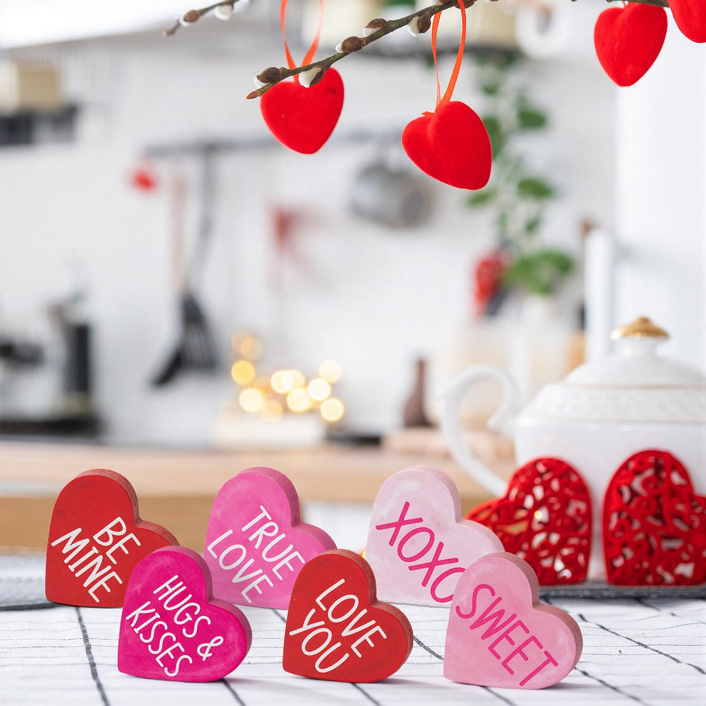 Smile Valentine's Day Heart - Shaped Wooden Block Decor, Be Mine XOXO Sweet & More Love Phrases, Valentine Indoor Decoration