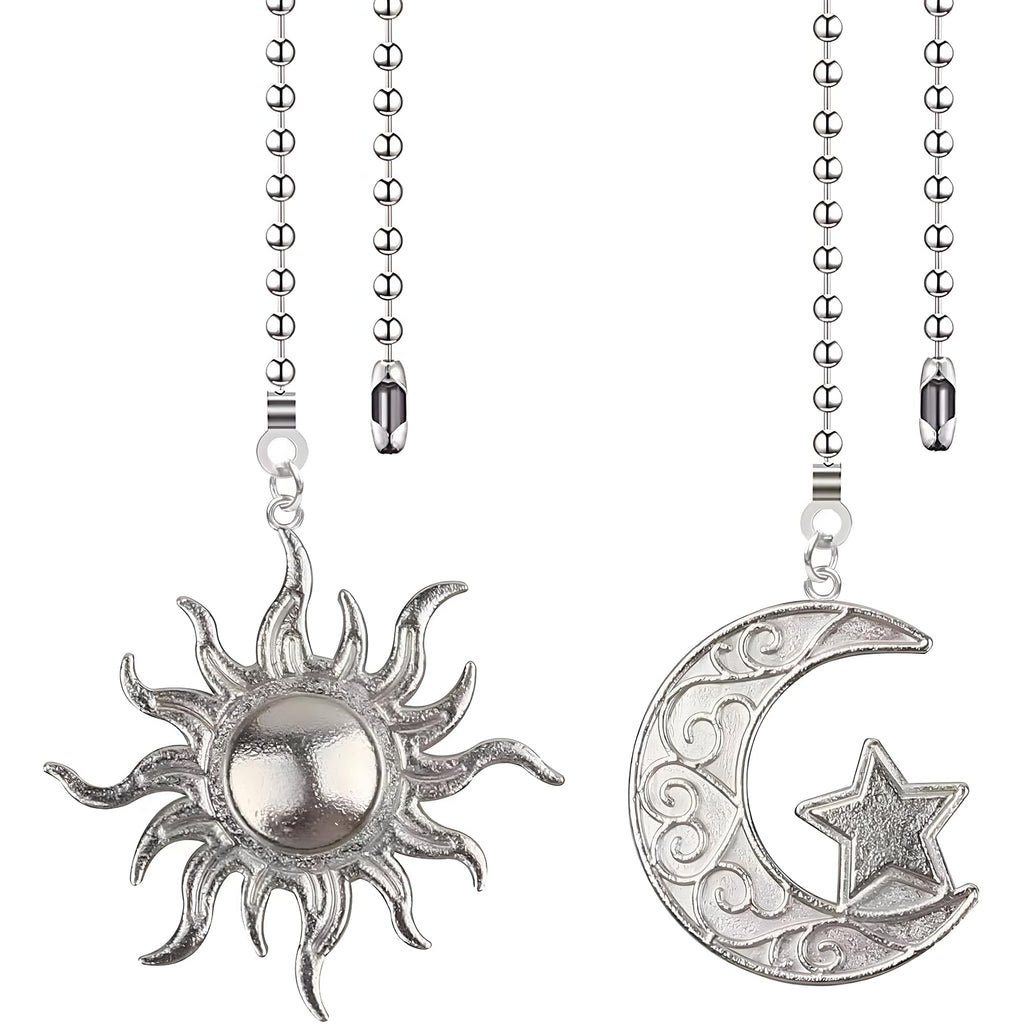 Silver Sun and Moon Zipper Extensions for Ceiling Fans and Lamps, with Ball Chain connectors, 30.48 cm Totem Bohemian Pendant Extender Decorations, 2 Pieces. (Silver)